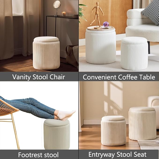 Round Ottoman with Storage Set of 2-Upholstered Velvet Vanity Stool for Makeup Multifunctional Ottomans Coffee Table Padded Seat Foot Rest for Living Room&Bedroom (White-Upgrade Tray Lid)