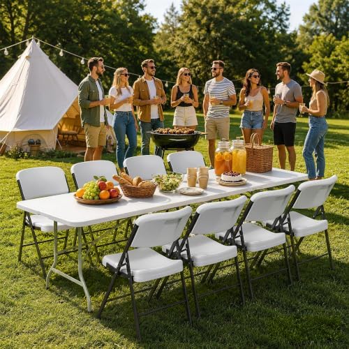 HULKFIT 8 Feet Foldable Table with Built-in Handle and Steel Legs, Heavy Duty Folding Portable Table for Party Dining Wedding Events Picnic Indoor Outdoor Camping Utility