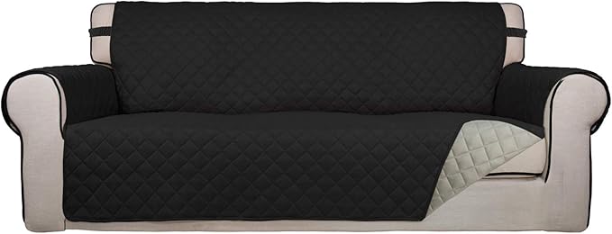 PureFit Reversible Quilted Sofa Cover, Water Resistant Slipcover Furniture Protector, Washable Couch Cover with Non Slip and Elastic Straps for Kids, Dogs, Pets (Sofa, Black/Beige)