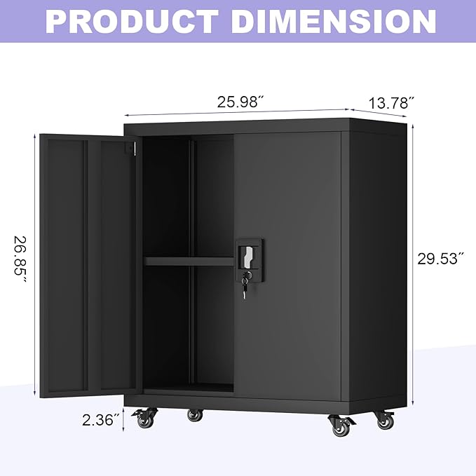 Metal Cabinet with Wheels, Steel Cabine with Locking Doors, Small Cabinet with 1 Adjustable Shelf, Tool Cabinets for Garage, Suitable for Home Office, Garage, Office