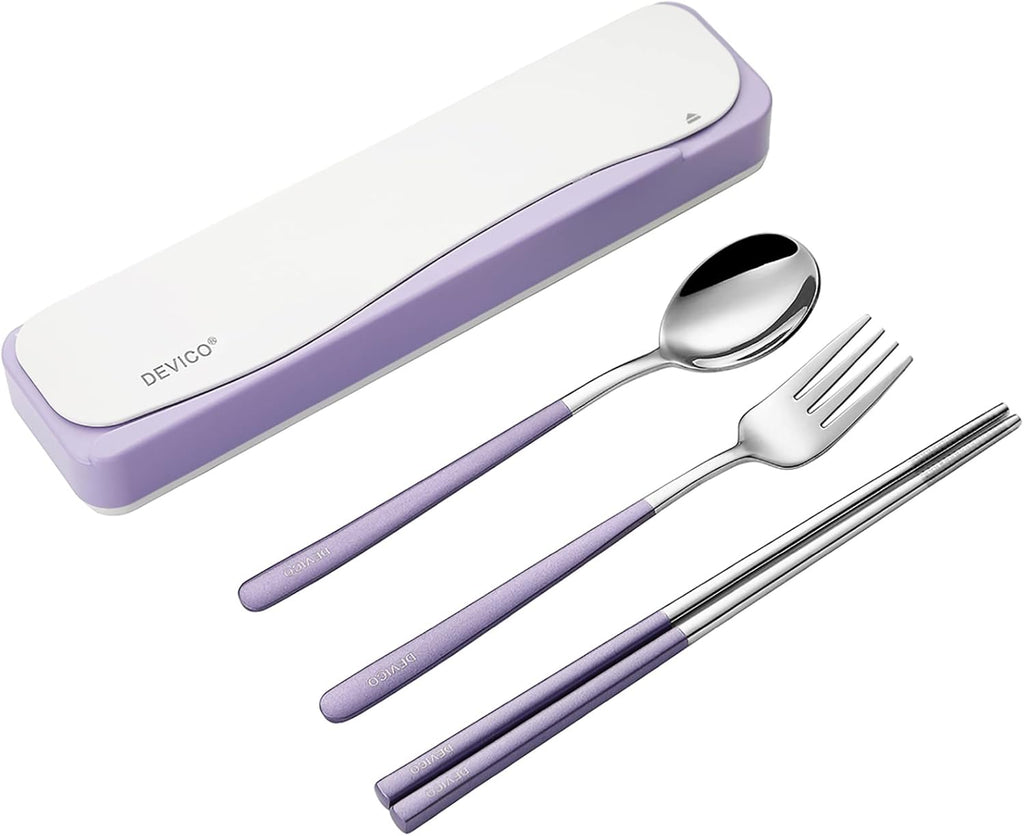 DEVICO Travel Utensils With Case, 18/8 Stainless Steel Camping Utensils, Reusable Portable Silverware Cutlery Set For Lunch Box, Include Fork Spoon Chopsticks