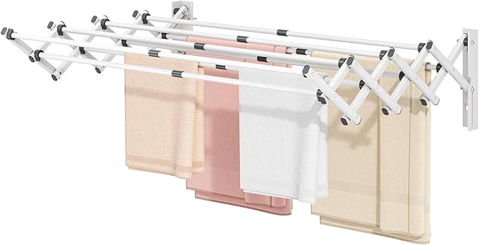 APEXCHASER Wall Mounted Clothes Drying Rack, Laundry Drying Rack Retractable, Towel Racks Wall Mounted for Bathroom Balcony Laundry Room Indoor, Foldable Accordion Dryer Rack for Clothing, White