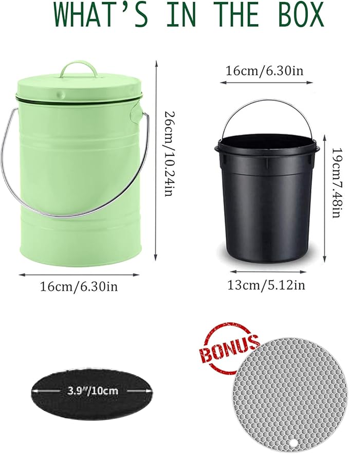 Compost Bin, LALASTAR Countertop Compost Bin with Lid, Kitchen Compost Container, Odorless Compost Bucket for Kitchen Food Waste with Carrying Handle, 1 Gallon, Green