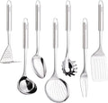 Stainless Steel Cooking Utensils 7PCS Kitchen Utensils Set, Heat Resistant Handle Utensils Set Included Ladle, Meat Fork, Slotted Spatula, Pasta Fork, Masher, Solid Spoon, Skimmer Spoon