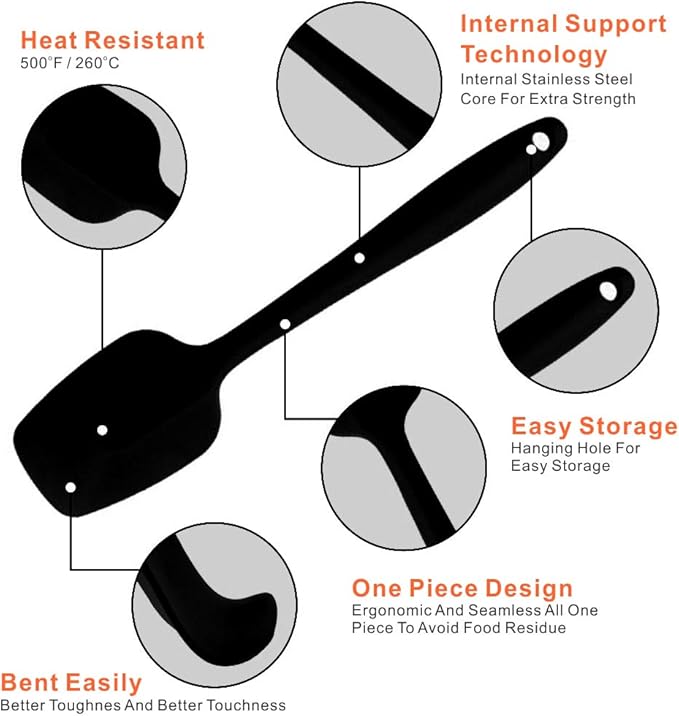 Silicone Spatulas Set, Rubber Spoon Spatula Heat Resistant Spoonula One Piece Design Seamless Spatula Non-Stick Scrapers Baking Mixing Tool (Black Set)
