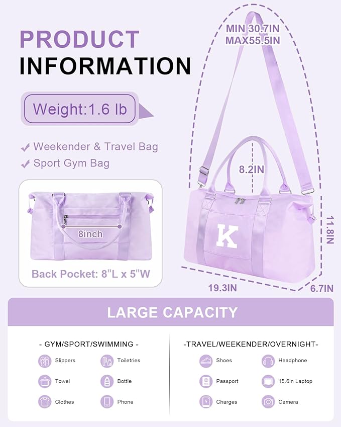 Daughter Niece Gifts for Teen Girl Kids, Initial Travel Duffel Bag Sports Gym Bag Personalized Gifts Weekender Bag，Monogram Overnight Bag Cute Dance Bag Birthday Bridesmaid Gifts for Women(Purple, K)