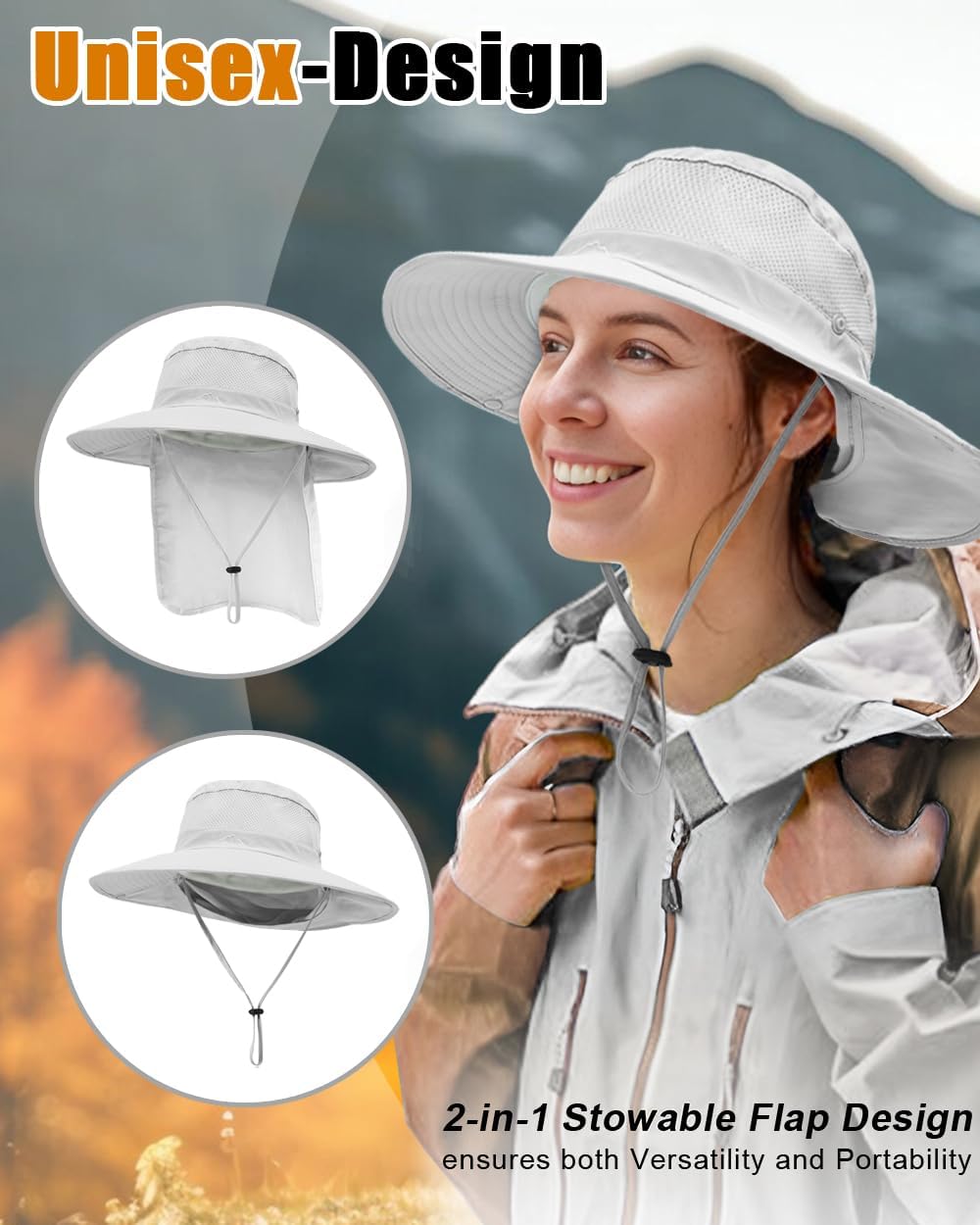 Outdoor Sun Hats with Stowable Neck Flap for Men Women UPF 50+ Mesh Summer Bucket Hat Wide Brim for Fishing Safari Hiking