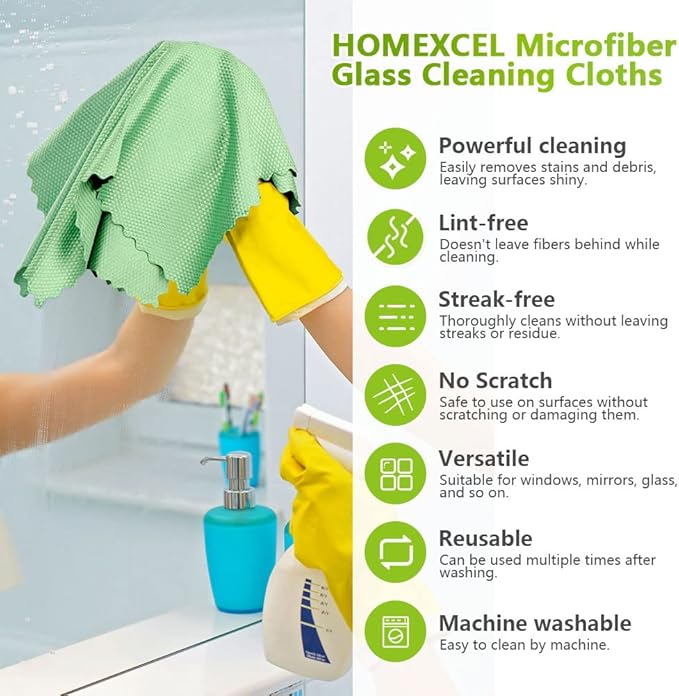 HOMEXCEL Microfiber Glass Cleaning Cloths-6PK, 16"x14" Lint Free Window Cleaning Cloth, Glasses, Mirrors, Screens, Stainless Steel, Premium Microfiber Wipes for Cleaning, Glass and Window Cleaner