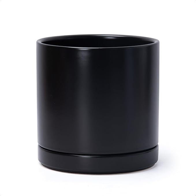 D'vine Dev 8.2 Inch Ceramic Planter Pot with Drainage Hole and Saucer, Indoor Cylinder Round Planter Pot, Black, 94-O-D-2