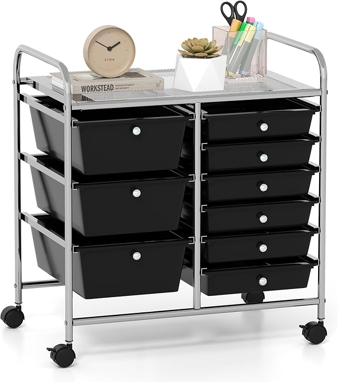 GOFLAME 9-Drawer Rolling Storage Cart, Mobile Utility Cart with Removable Drawers & Metal Frame, Art Craft Organizer Cart with Lockable Wheels, Storage Drawer Cart for Home Office School, Black