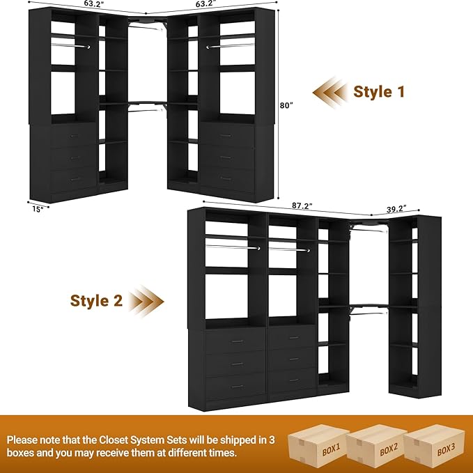 Corner Closet System with 6 Drawers, Closet Organizer System with 14 Shelves & 4 Hanging Rods, 87.2"L * 39.2"W / 63.2"L * 63.2"W Reversible L Shaped Walk-in Closets, Load 2500+LBS, Black