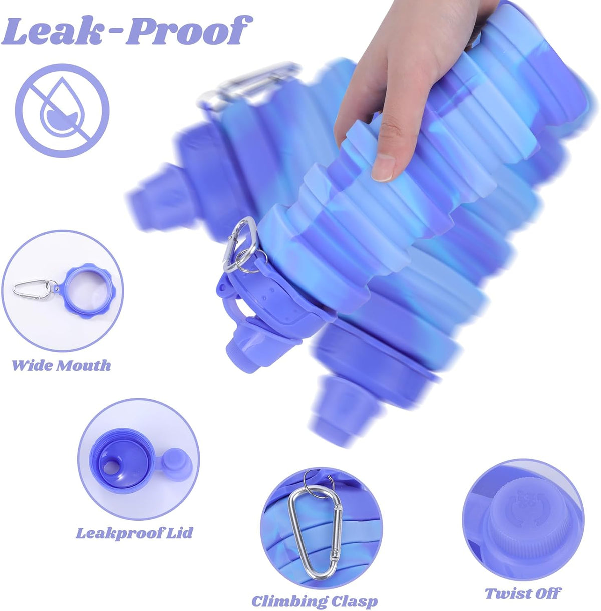 Collapsible Water Bottle for Adults, Boys, Students, Kids, Reusable Silicone Foldable Water Bottles for Travel Camping Hiking, Portable Sports Water Bottle, Purple & Blue