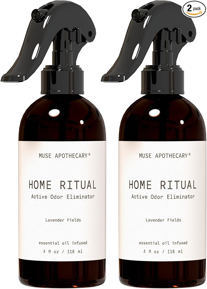 Muse Apothecary Home Ritual Active Odor Eliminator Spray - Furniture Deodorizer Spray & Bathroom Odor Eliminator for Home - Essential Oil Air Freshener - 4oz, Lavender Fields