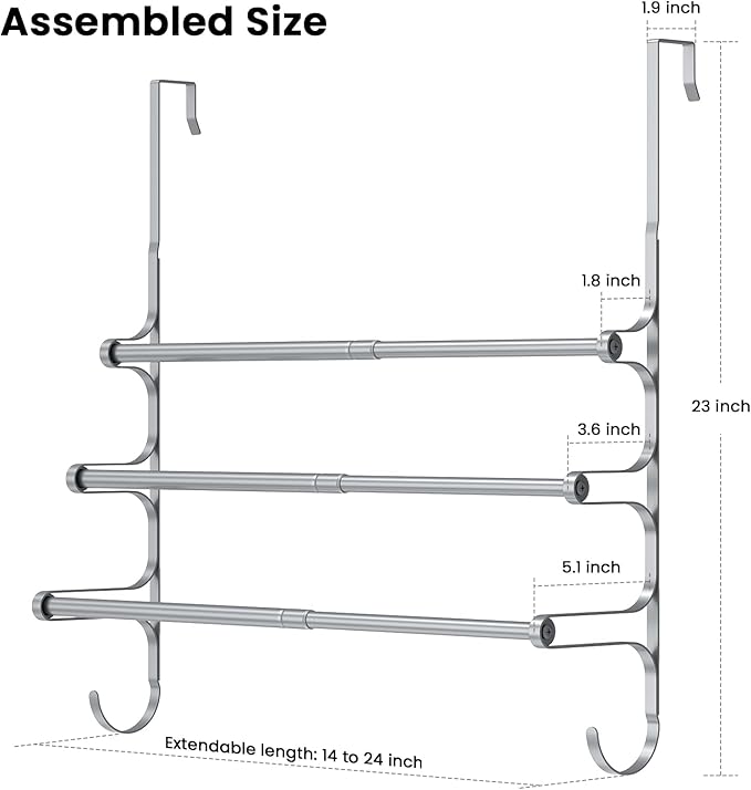 Over The Door Towel Rack, Extendable Triple Towel Storage Holder with Hooks, 24.02 Inches Towel Bar Hanger Towel Racks for Bathroom (Silver)