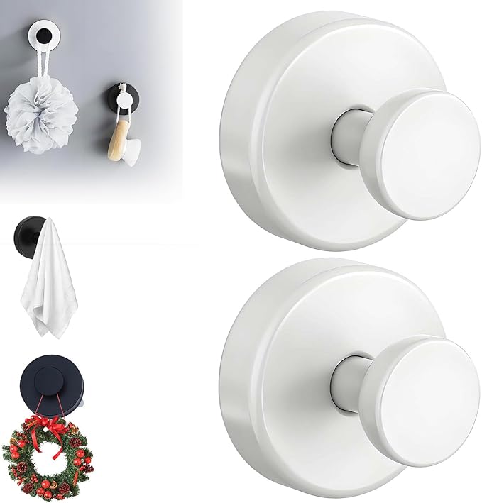 Suction Cup Hooks for Wreaths, 2025 New No Drill Suction Cup Hooks on Glass, Wreath Hanger for Front Door, Rustproof Hook Holder Towel Hook for Window Bathroom Mirrors Tile (2, White)
