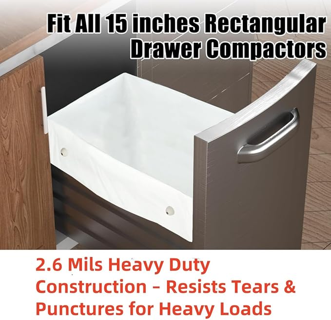20pcs 15Gallon W10165294RB Trash Compactor Bags,for 15" Rectangular Compactors,for Small Spaces/RV/Camping/kitchen(Ties Included, White)