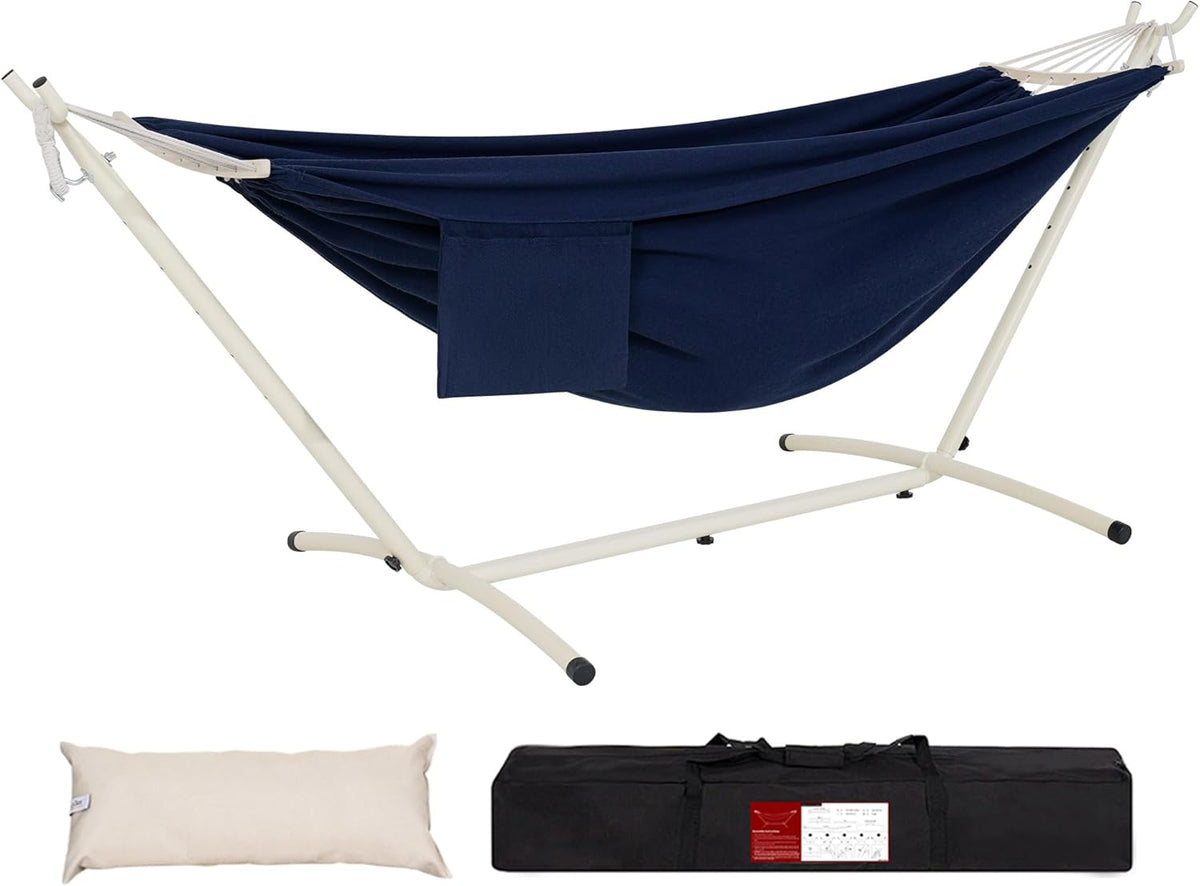 LazyDaze Hammocks Double Hammock with Stand - 2 Person Heavy Duty Outdoor Hammock for Adults, Includes Durable Steel Stand, Portable Carrying Bag and Pillow, Navy Blue