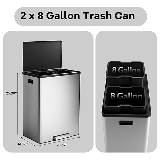 GarveeHome Step Dual Trash Can, 60L/16 Gallon Recycle Bins with Lid, 2 Removable Wastebusket, Step Pedal, Large Stainless Steel Double Trash Bin for Kitchen, Bathroom
