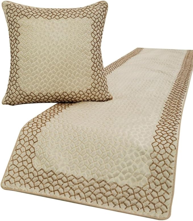 The HomeCentric King/Queen/Twin Ivory & Gold Decorative Twin 53"x18" Bed Runner with 2 Pillow Cover, Mosaic & Beaded Bed Scarf on Jacquard Fabric - Tessellation
