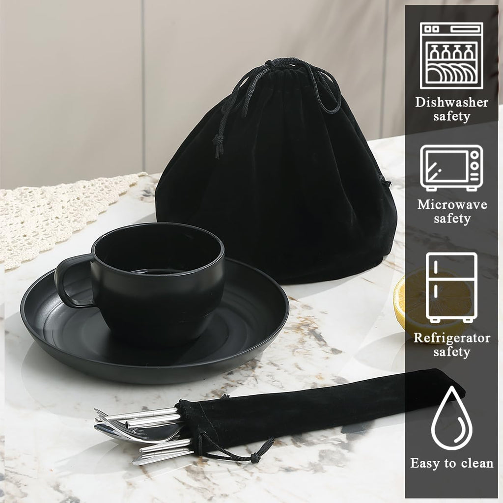 Camping Essentials Set, HOMQUEN Camping Plates and Bowls Set, Coffee Mug, Travel Cutlery Set Include Spoon, Fork, Knife for Work, Outdoor,Picnic, Camp （Black）