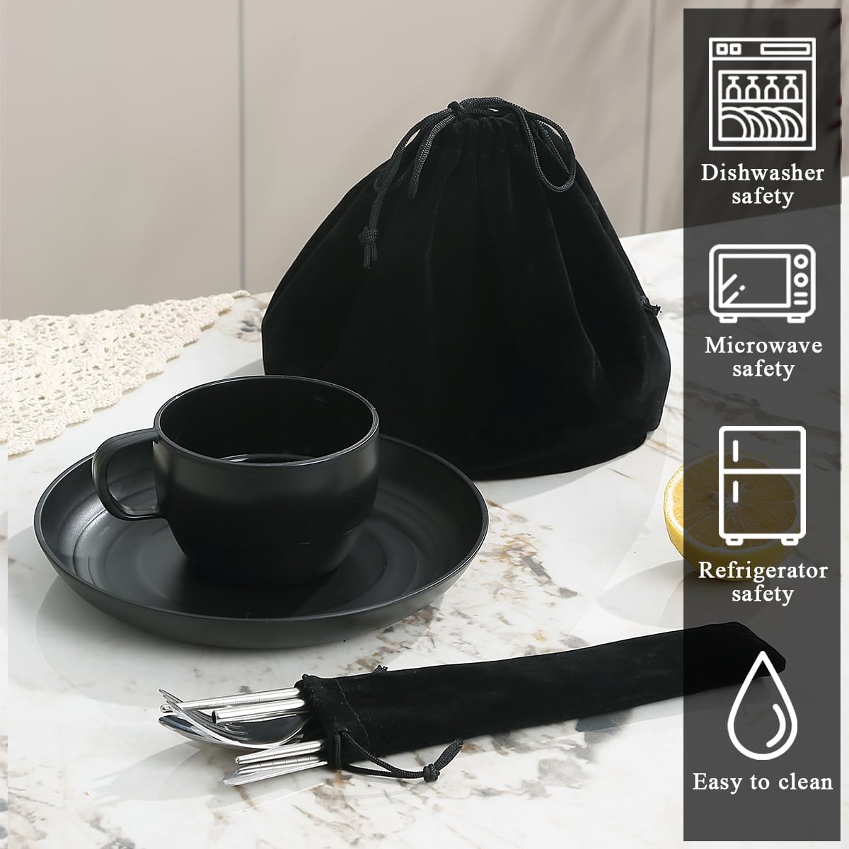 Camping Essentials Set, HOMQUEN Camping Plates and Bowls Set, Coffee Mug, Travel Cutlery Set Include Spoon, Fork, Knife for Work, Outdoor,Picnic, Camp （Black）