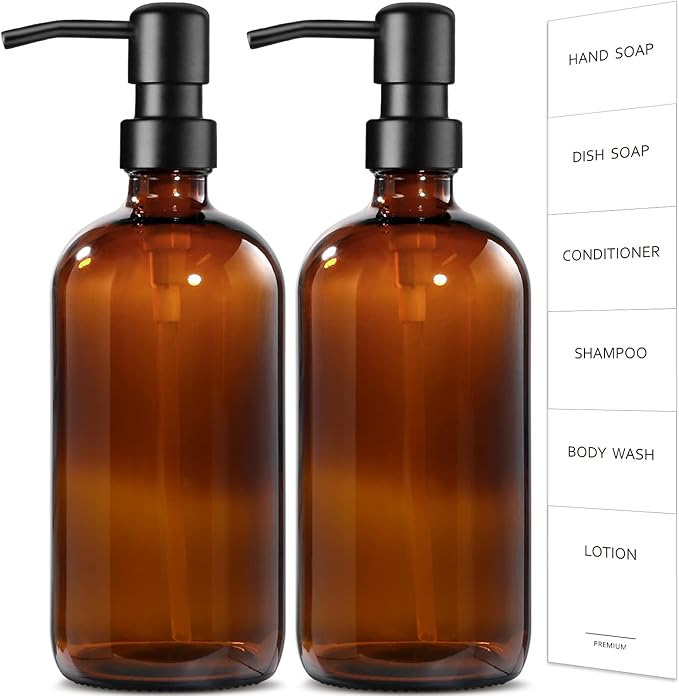 GMISUN Amber Glass Soap Dispenser, 2 Pack Bathroom Hand Soap Dispensers with Stainless Steel Pump, 17 Fl Oz Kitchen Hand and Dish Soap Dispenser Set, Modern Vintage Liquid Brown Soap Dispensers Bottle