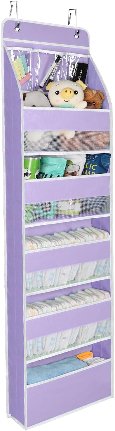 Univivi 6-Shelf Over Door Hanging Organizer Fabric Baby Door Storage with 5 Large Pockets and 3 Small PVC Pockets Wall Mount Hanging Storage Organizers for Baby Essential (Purple)