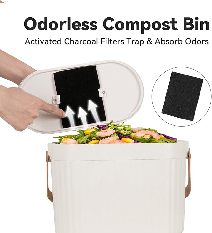 Odorless Counter Top Compost Bucket with Lid - Yatmung Small Kitchen Compost Bin Countertop - Narrow Sustainable Bamboo Composting Pail - Indoor Composter - Slim Food Waste Bin for Kitchen - Cream -