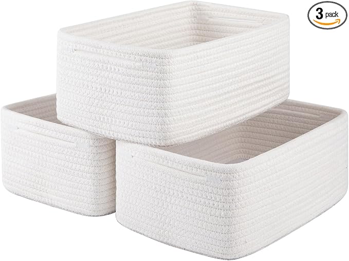 3 Pack Small Storage Baskets for Organizing, Cute Woven Decorative Gift Baskets for Shelves, Mini Closet Organizer Bins with Handles, 11.81''Lx7.87''Wx4.72''H-White