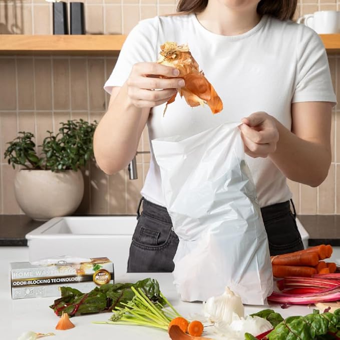 BOS Odor-Sealing Kitchen, Home & Food Small Trash Bags for Waste- Disposable Bags - Scent & Smell Free (90 Bags) [Size S, Color White] ★Brand-new packaging!