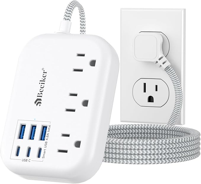 6 USB(3 USB C) Power Strip- Travel Power Strip with 6 USB Desktop Charging Station 24W/4.8A and 3 Outlets, 5Ft Flat Plug Braided Extension Cord, Non Surge Protector for Cruise Ship Travel Office Dorm