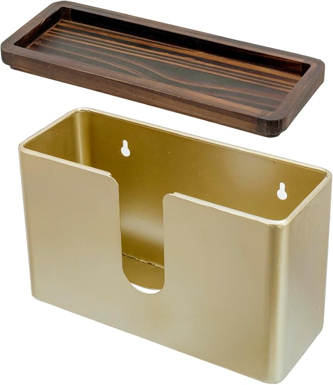 MyGift Deluxe Modern Brass Tone Metal Folded Commercial Paper Towel Holder with Burnt Solid Wood Tray Lid, Wall Mounted Trifold Multifold Z Fold Disposable Napkin Dispenser