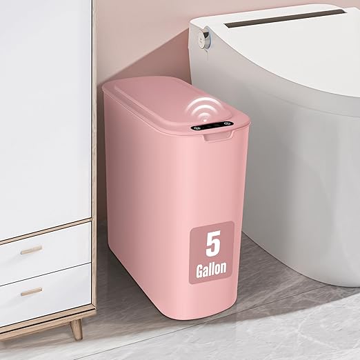 Cesun Motion Sensor Trash Can, 5 Gallon Automatic Bathroom Garbage Can with Lid, Touchless Smart Plastic Slim Wastebasket for Bathroom, Office, rv, Bedroom, Living Room, Pink