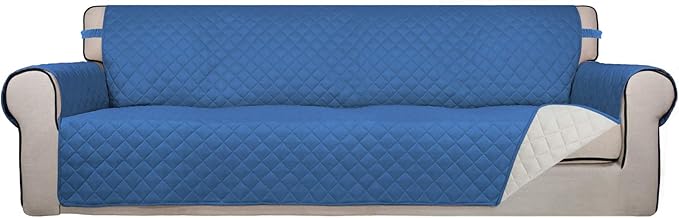 PureFit Reversible Quilted Sofa Cover, Water Resistant Slipcover Furniture Protector, Washable Couch Cover with Non Slip and Elastic Straps for Kids, Dogs, Pets (XX Large, Blue/Ivory)