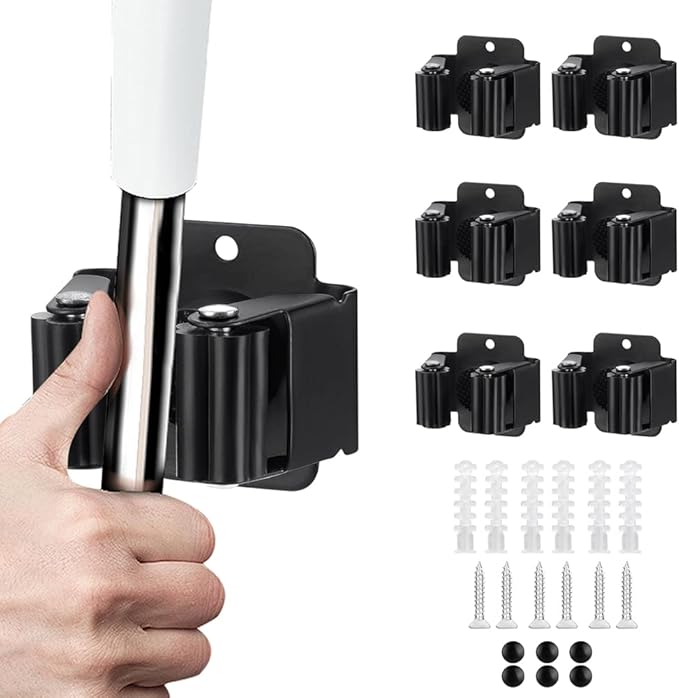 6PCS Broom and Mop Holder, Heavy Duty Garden Tool Organizer Rack Rake and Shovel Handle, Stainless Steel Mop Hanger. Screws for Wall Mounted. Matte Black