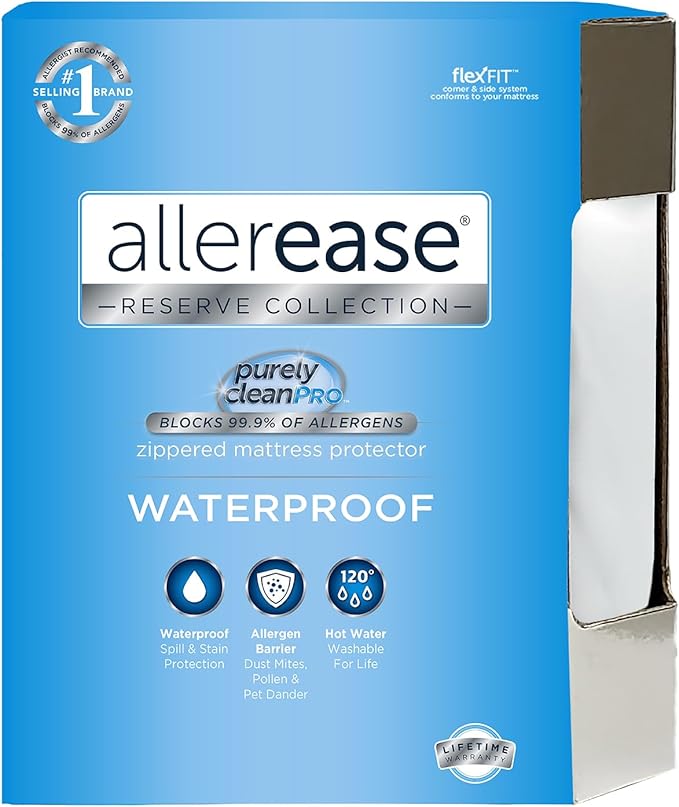 AllerEase Waterproof Mattress Protector Stain Protection Full Size Allergen Barrier Hot Water Washable Machine Washable Durable Zippered Knit Mattress Cover Stretch Corners (White)