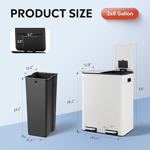 WLIVE Dual Trash Can, 2 x 8 Gallon (2 x 30 L), Step Trash Can with Lid with Inner Buckets, 2 Compartment, Heavy-Duty Stainless Steel Gabage Can for Kitchen with 15 Trash Bags, White