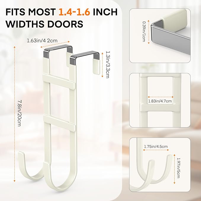 FYY Over The Door Hooks - 4 Pack Heavy Duty Dual-Hook Organizer Hanger with Non-Slip Rubber for Towels, Clothes, Hats & Bags Use in Bathroom, Bedroom, Kitchen - Fits Interior Doors Up to 1.6" Beige