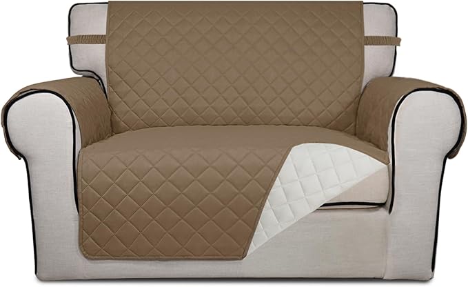 PureFit Reversible Quilted Sofa Cover, Water Resistant Slipcover Furniture Protector, Washable Couch Cover with Non Slip and Elastic Straps for Kids, Dogs, Pets (Oversized Chair, Camel/Ivory)