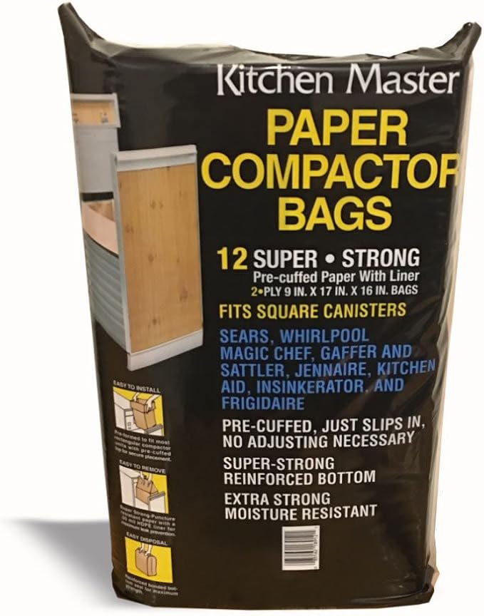 Kitchen Master Super Strong Compactor Bags (48 Pack) | Precuffed, Garbage Compactor Bags, Hardware for Kitchens, Paper Trash Bag, Kitchen Essential, Paper & Plastic Lined