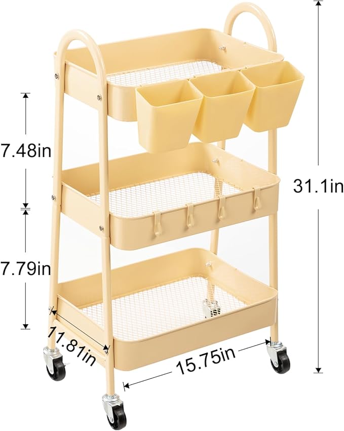 danpinera 3-Tier Rolling Cart, Metal Rolling Storage Cart with Lockable Wheels & Hanging Cups & Hooks, Mobile Trolley for Kitchen, Bathroom, Office, Workshop, Yellow