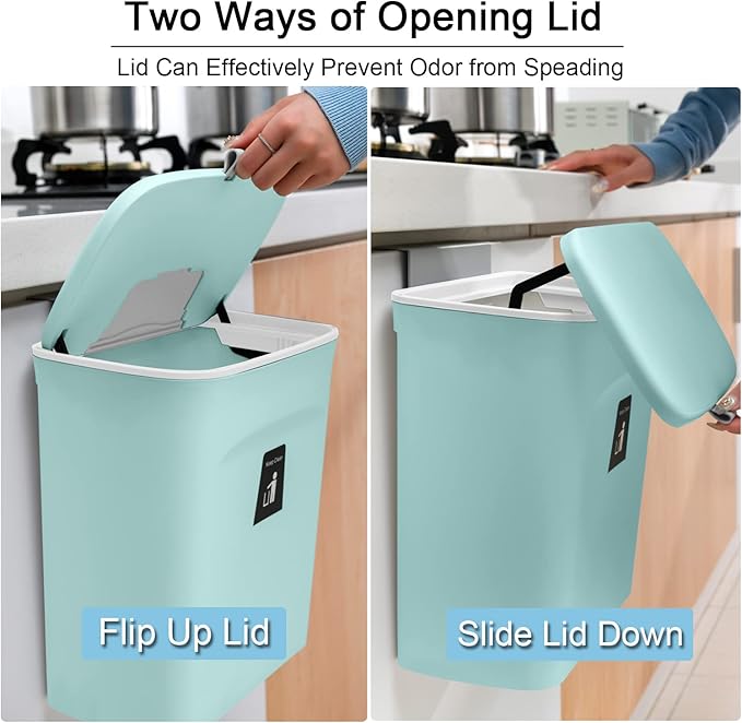 Tiyafuro 2.4 Gallon Kitchen Compost Bin for Counter Top or Under Sink, Hanging Small Trash Can with Lid for Cupboard/Bathroom/Bedroom/Office/Camping, Mountable Indoor Compost Bucket (Blue)