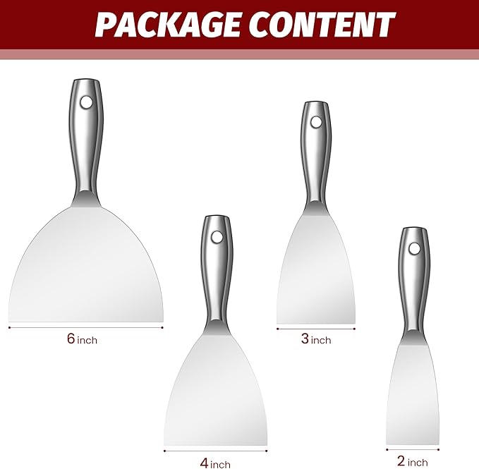 Putty Knife Set,4 PCS 2",3",4",6" One Piece Premium Polished All-Stainless Steel Scraper Tool for Drywall Finishing,Professional Grade Putty Blade for Scraping Paint, Taping