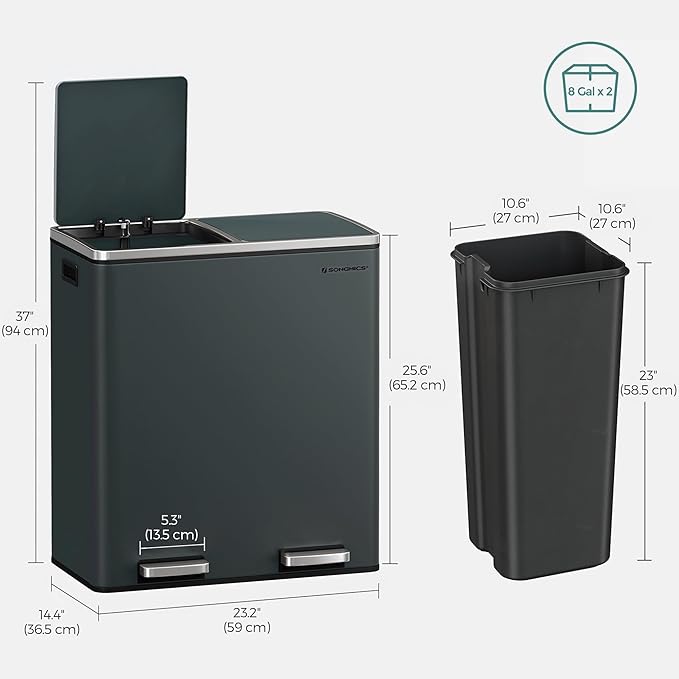 SONGMICS Trash Can, 2 x 8 Gallon (2 x 30 L) Garbage Can for Kitchen, with 15 Trash Bags, 2 Compartments, Plastic Inner Buckets and Hinged Lids, Airtight, Greenish-Gray ULTB60GS02