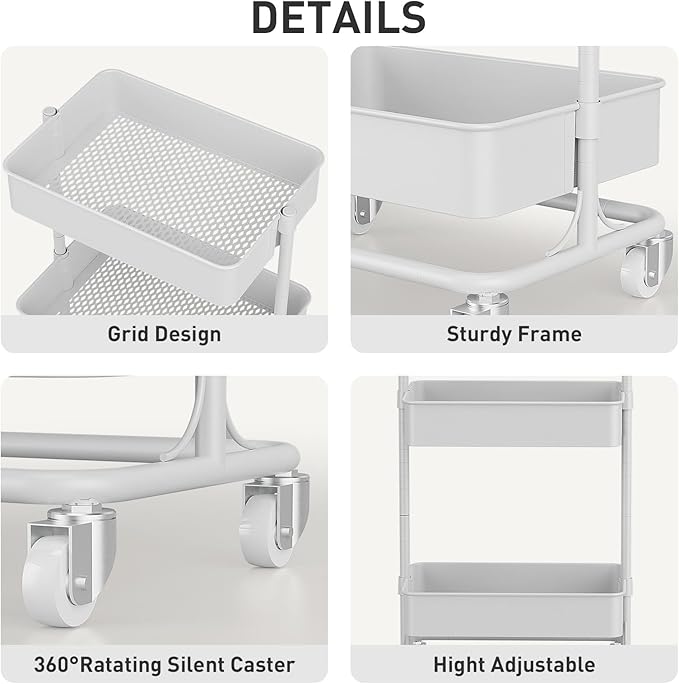 3-Tier Modern Metal Rolling Utility Cart with Silent Casters, 15.35x11.81x23.74 inch Heavy Duty Organizing Cart Trolley Organizer for Office, Living Room, Kitchen，(White)