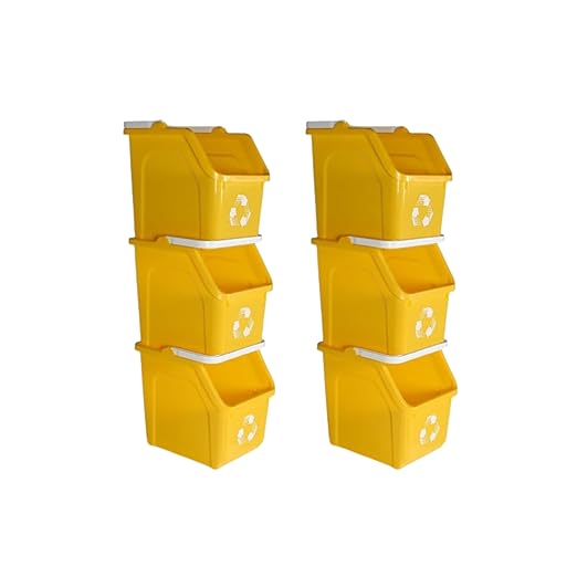 Multi Recycling Bin System with Three Stacking 6 Gallon Bins with Carrying Handles, Stackable and Compact for Offices, Homes, Garages, Businesses (Yellow, 6 Pack)