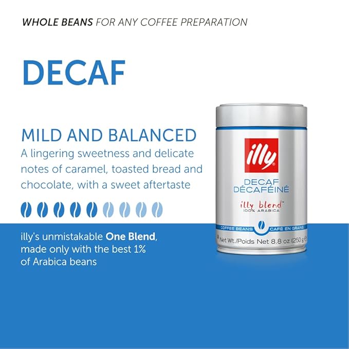 Illy Whole Bean Coffee, Decaffeinated - Medium Roast - Mild & Balanced - 100% Arabica - Whole Beans - Pressurized Packaging Sealed for Freshness - 8.8oz can (Pack of 6)