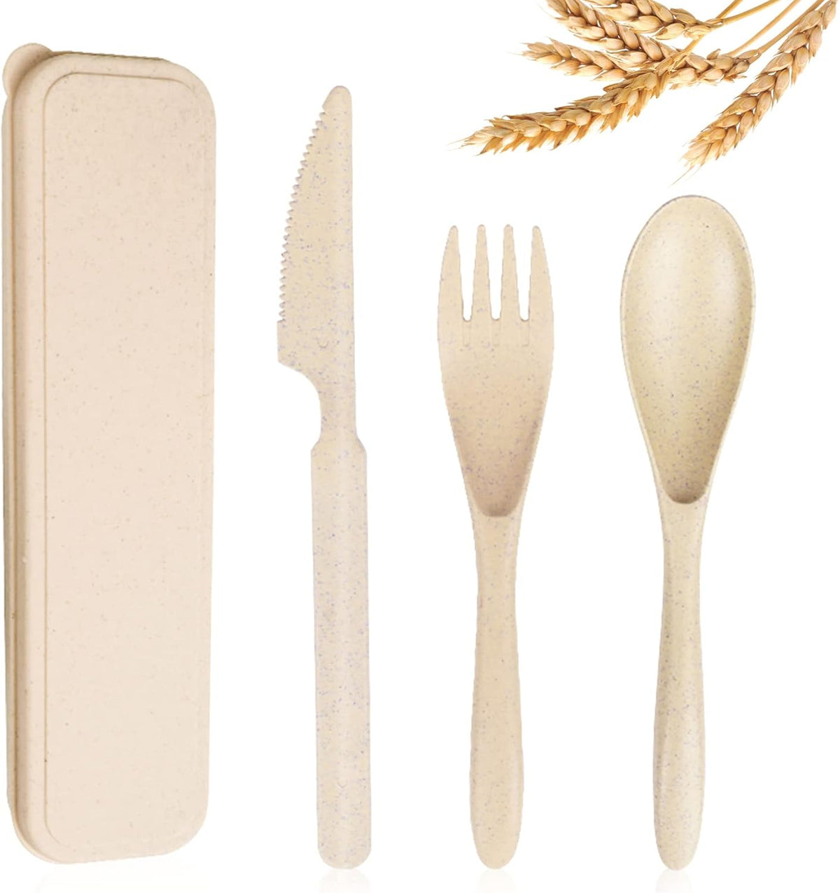 Reusable Travel Utensils Set with Case, Beige Wheat Straw Portable Knife Fork Spoons Tableware, Eco-Friendly BPA Free Cutlery for Kids and Adults as Travel Picnic Camping Utensils