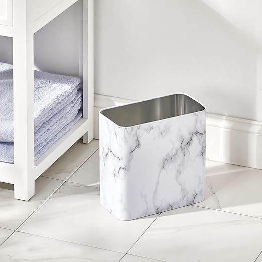 mDesign Metal Wastepaper Bin — Compact Rectangular Bathroom Bin — Rubbish Basket for Home and Office — Marble Coloured