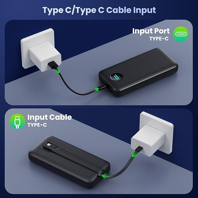 Portable Charger 40,800mAh Power Bank, 25W PD QC 4.0 Fast Charging Portable Phone Charger with Built-in Cables,LCD Display USB C Battery Pack Compatible with iPhone 16/15/14,Android Samsung (Black)
